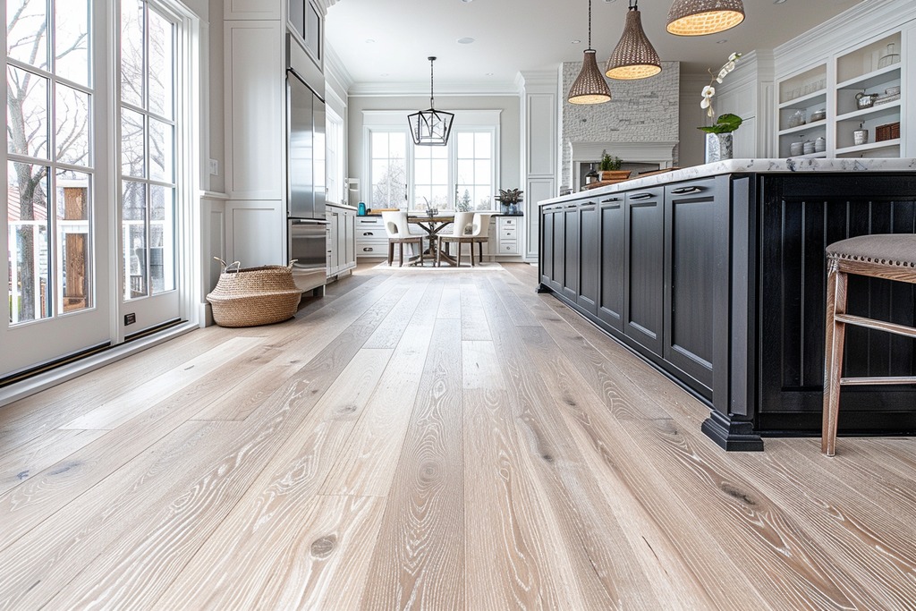 Kitchen with Whitewashed Engineered Wood Flooring