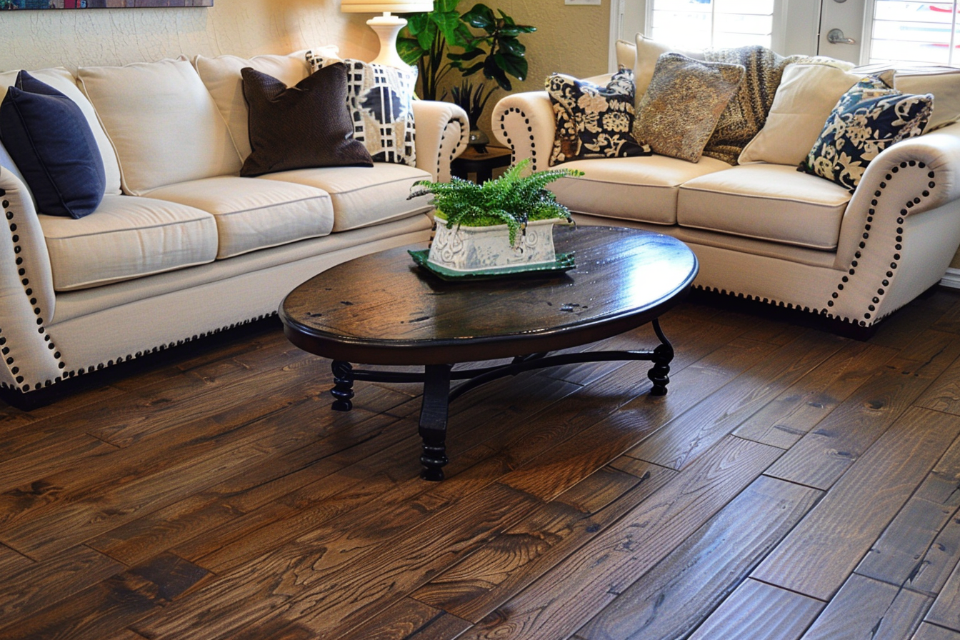 Living Room with Espresso Hardwood Flooring