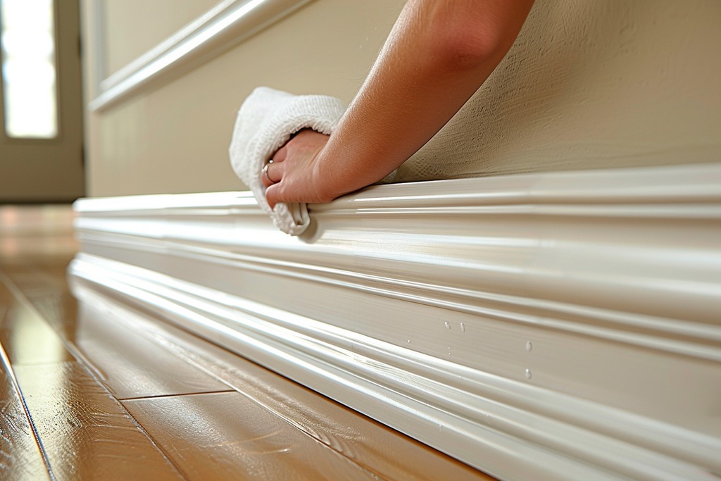 A Woman Wiping Down the Baseboards of Her Home
