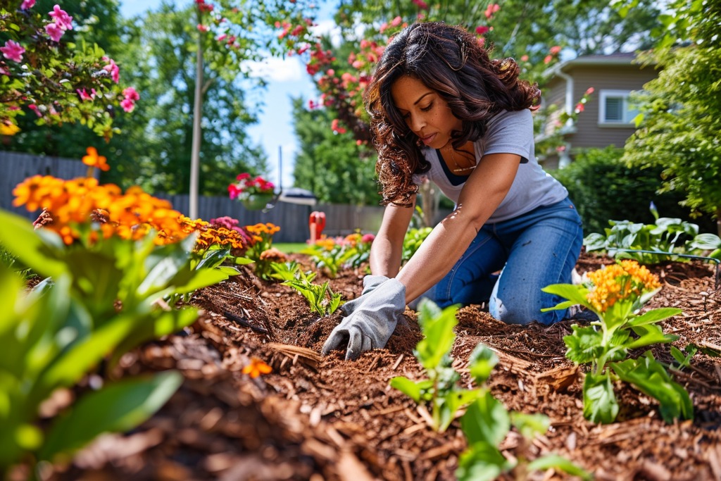 A Woman Weeding and Adding Mulch to a Flower Bed