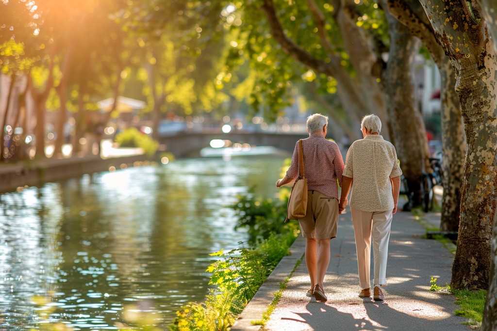 Happy Senior Couple Stroll Beside a River in France