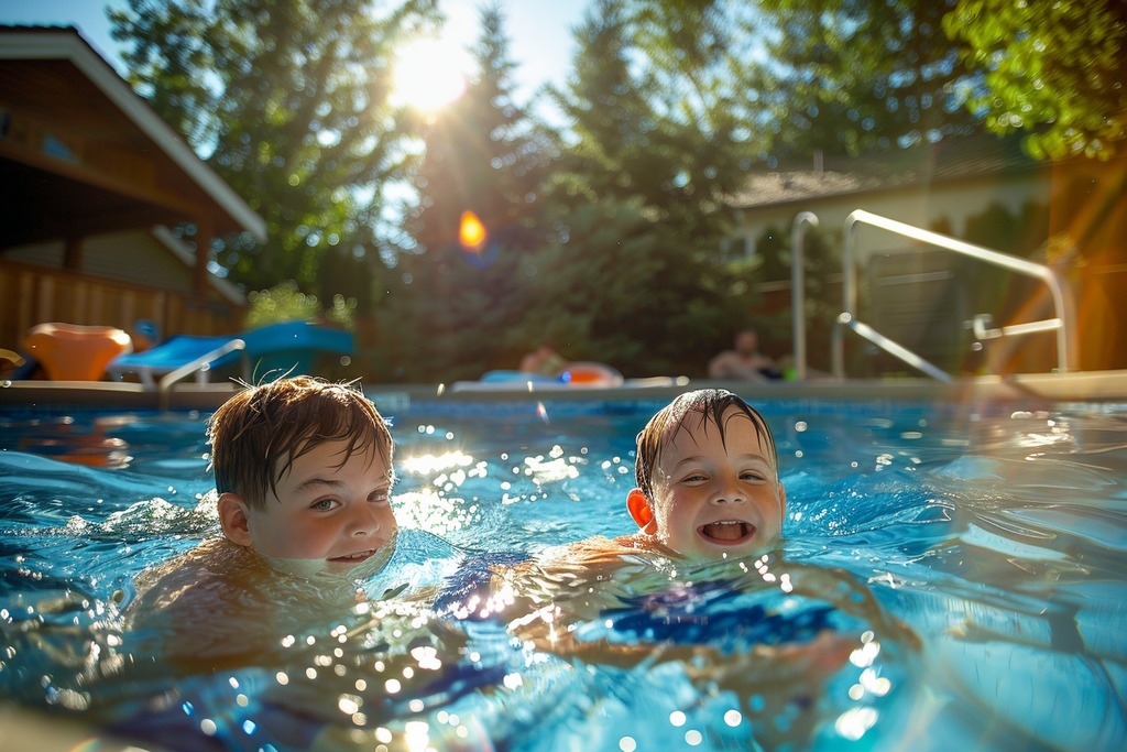 Kids Swimming in Backyard Pool