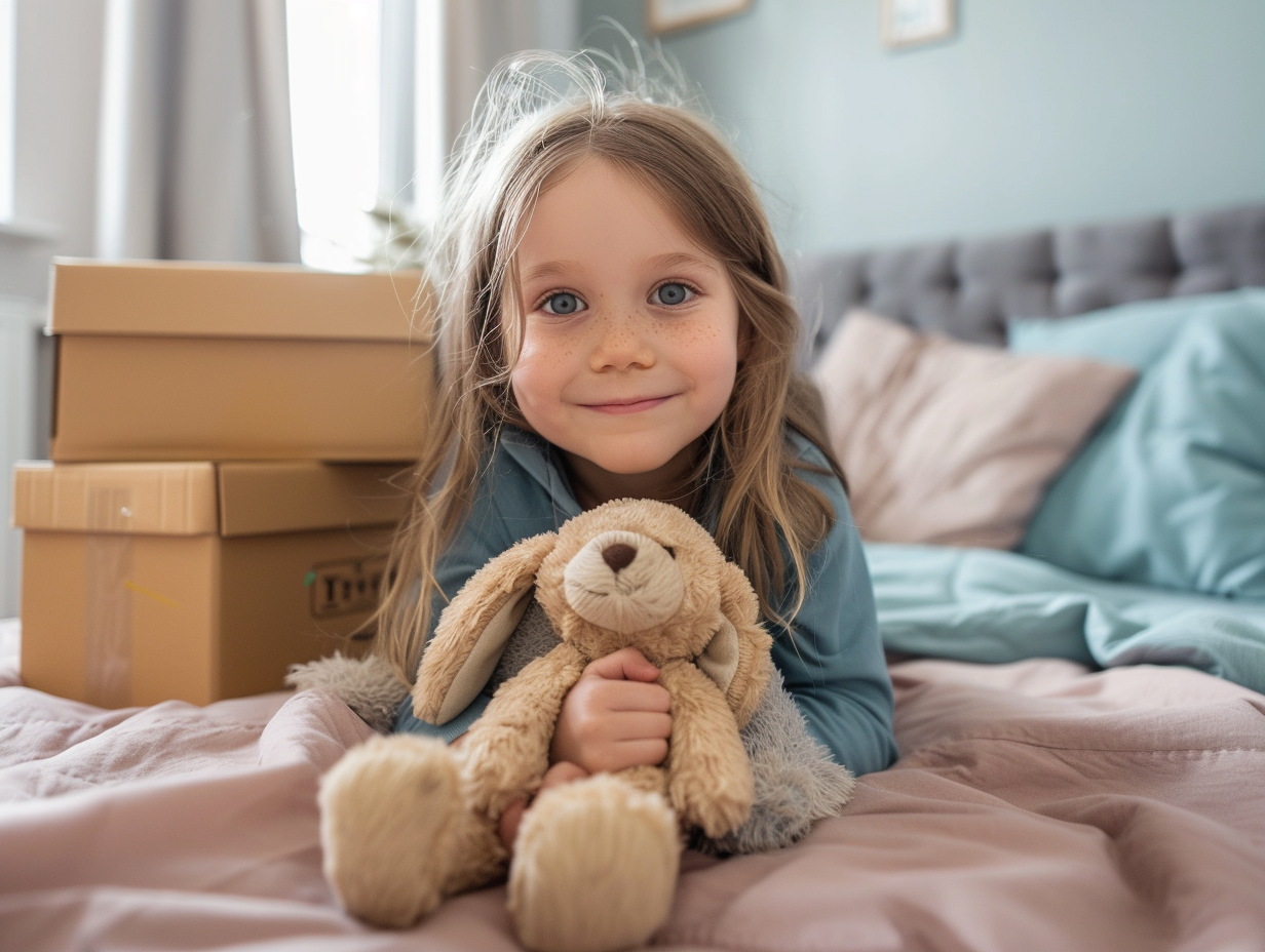 Child Holding a Stuffed Rabbit with Moving Boxes in Background