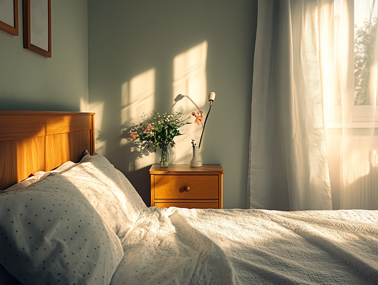 Bedroom with Flowers on Bedside Table