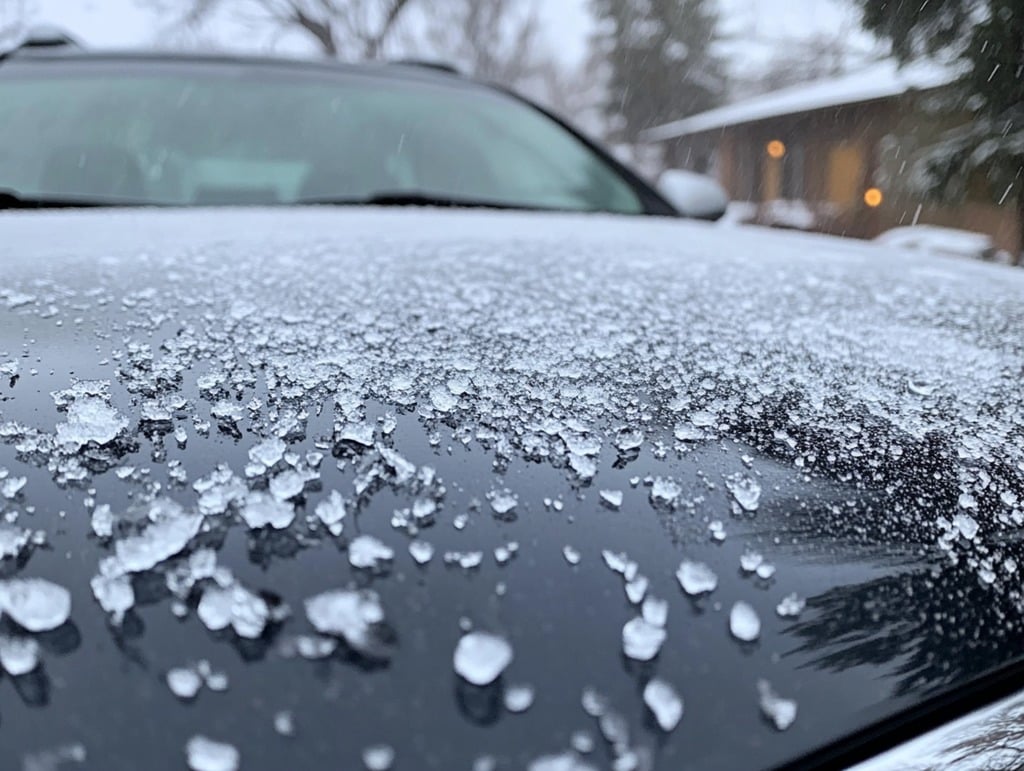 Hail on the hood of a car.