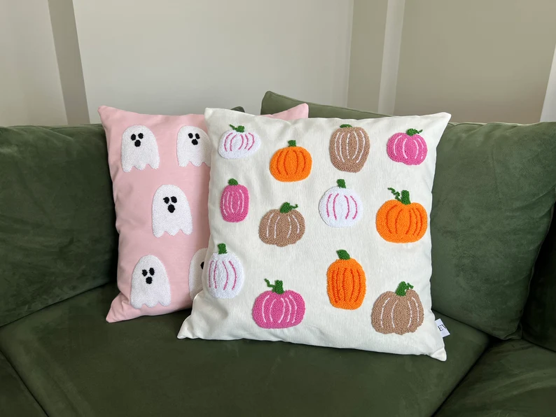 Pastel Embroidered Halloween Throw Pillows - EmbroiderywithAycan