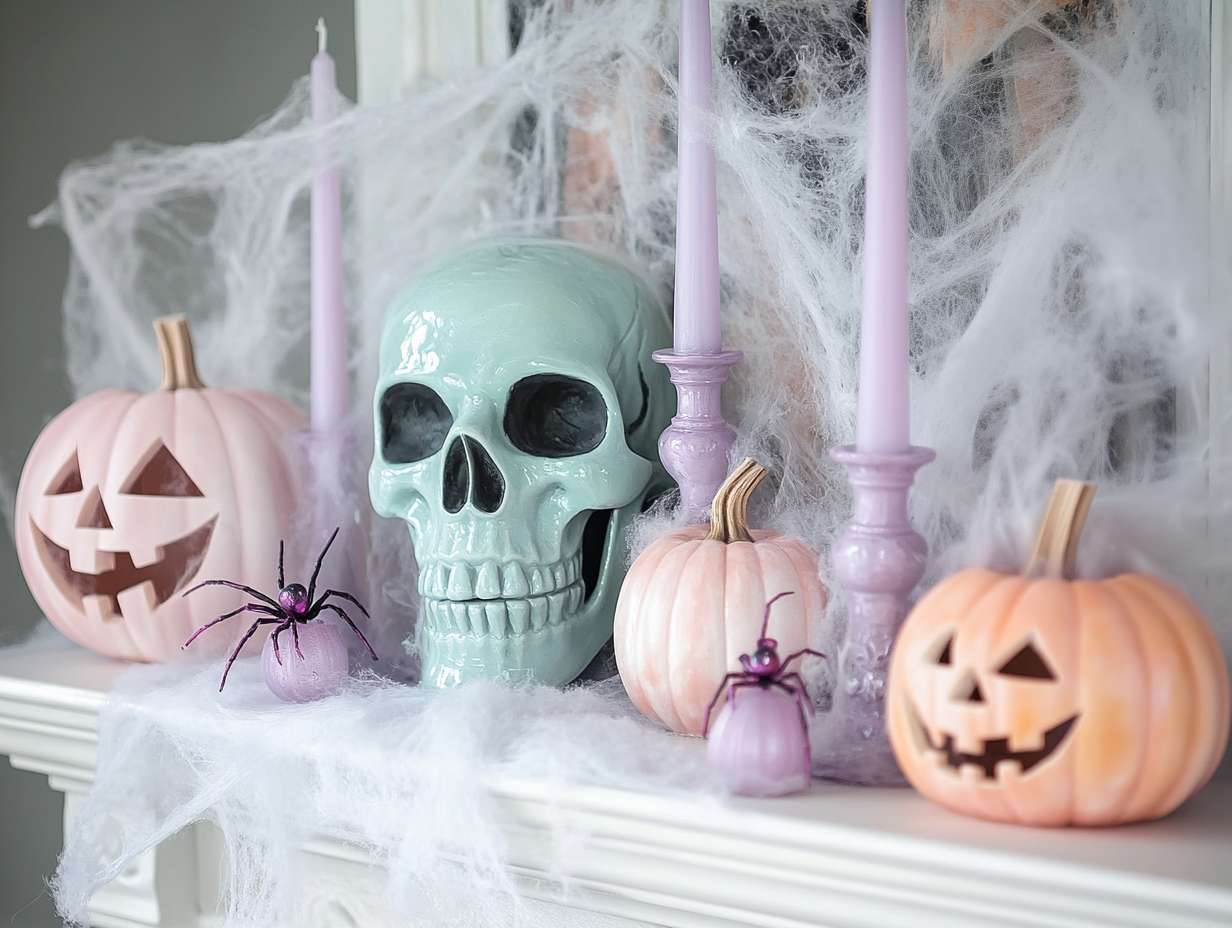 Pastel Halloween Decorations on a Fireplace Mantel