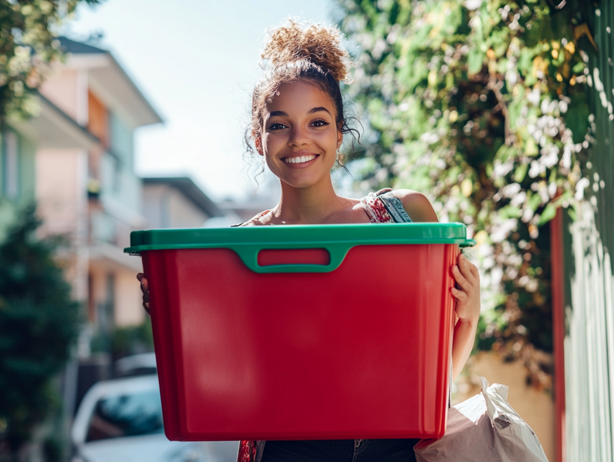 Woman Carrying a Christmas Storage Box