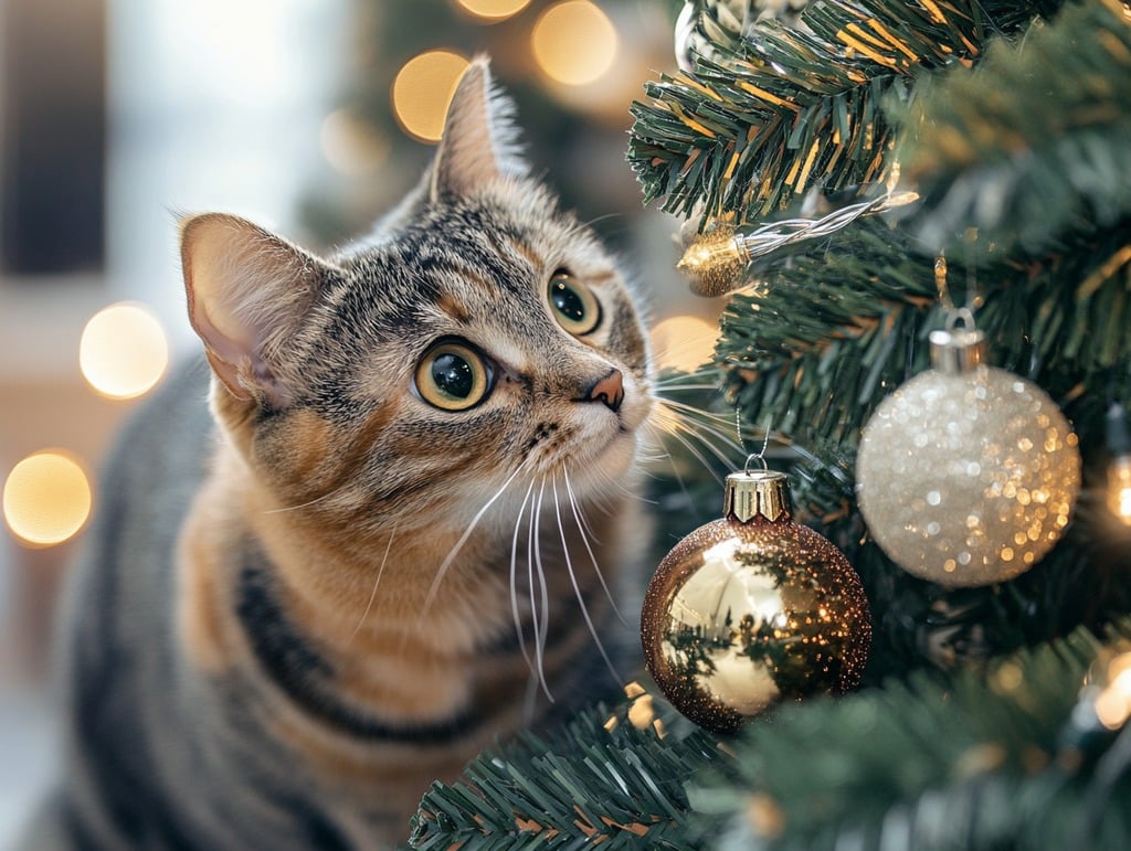 Cat Inspecting the Lights on a Christmas Tree