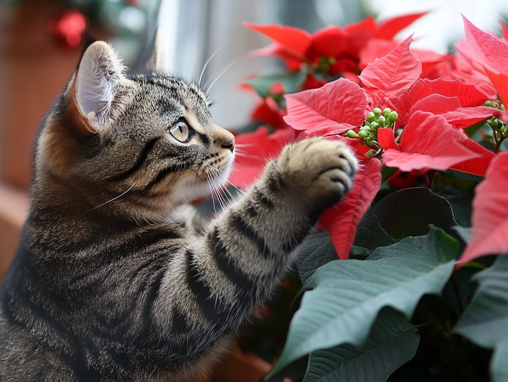 Cat Pawing at a Poinsettia