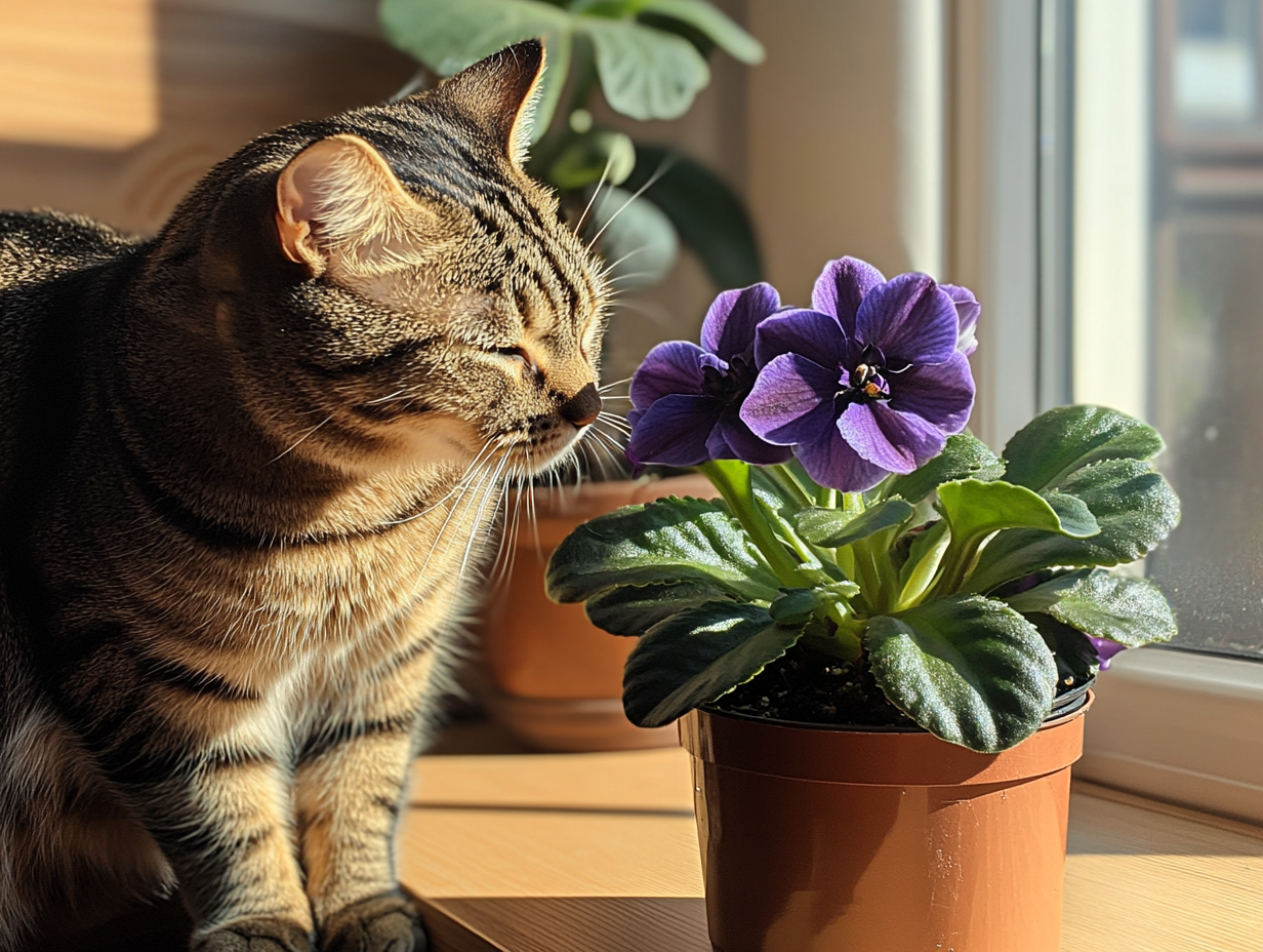 Cat Sniffing African Violet (Saintpaulia spp.)