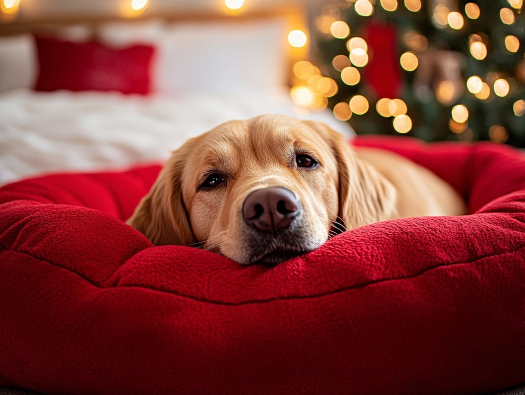 Dog Lying in a Bed in a Bedroom Decorated for Christmas