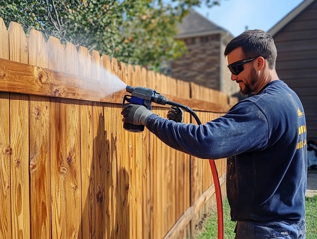 Spraying Stain on a Wood Fence