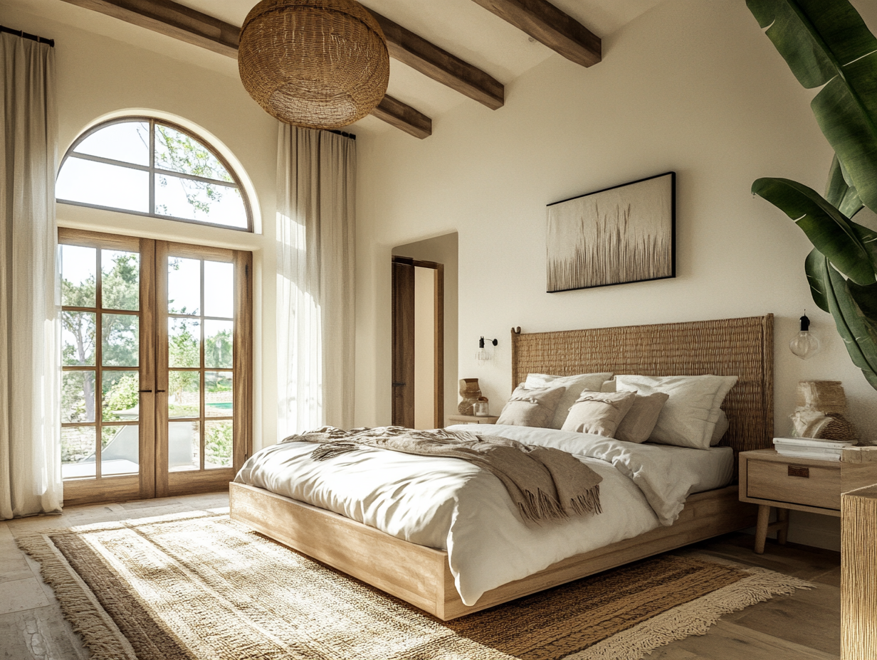 Bedroom with Muted Color Scheme and High Ceiling