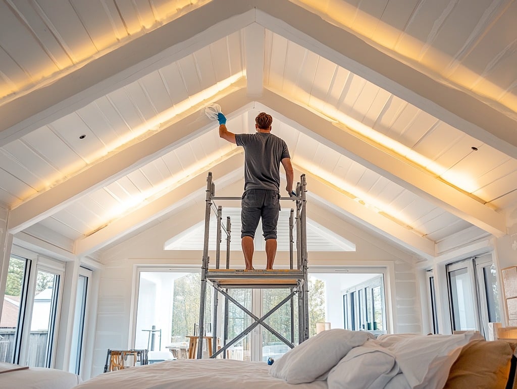 Man Standing on Scaffolding Wiping Ceiling