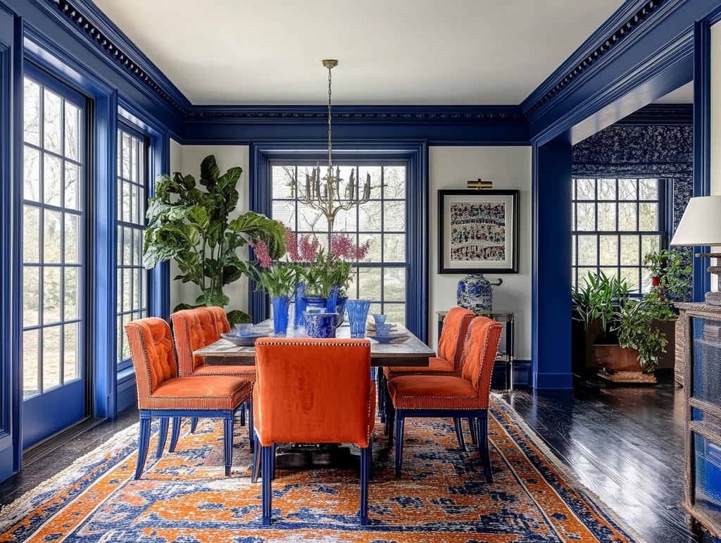 Dining Room with Electric Blue Trim and Molding