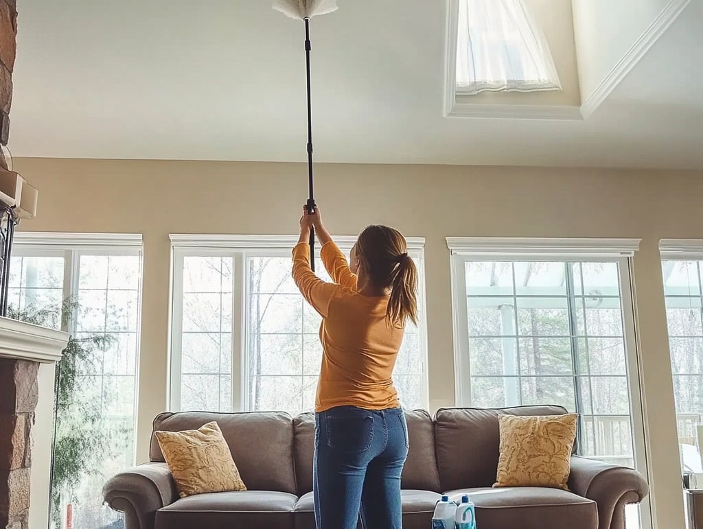 Woman Dusting a High Ceiling