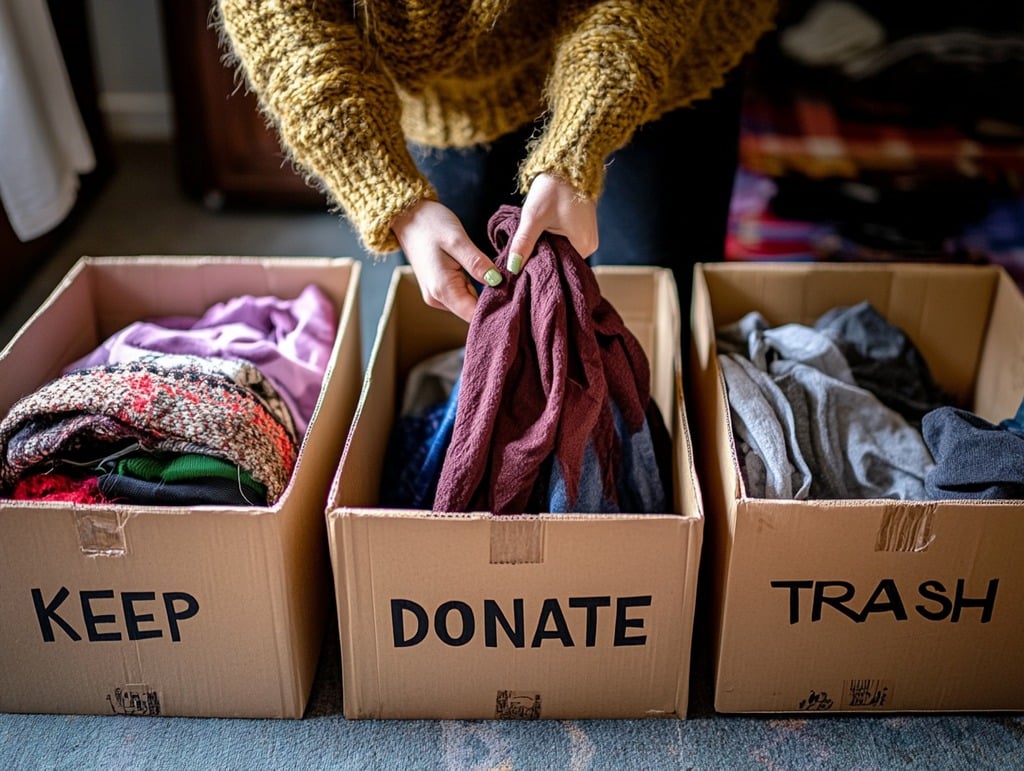 Keep, Donate, and Trash boxes being filled by a woman.