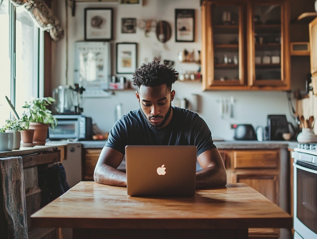 Man Sitting in Kitchen with Laptop