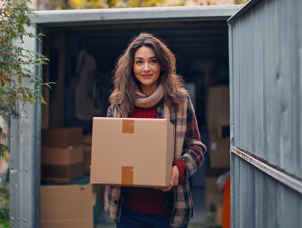 Woman Holding a Box Outside a Portable Storage Unit