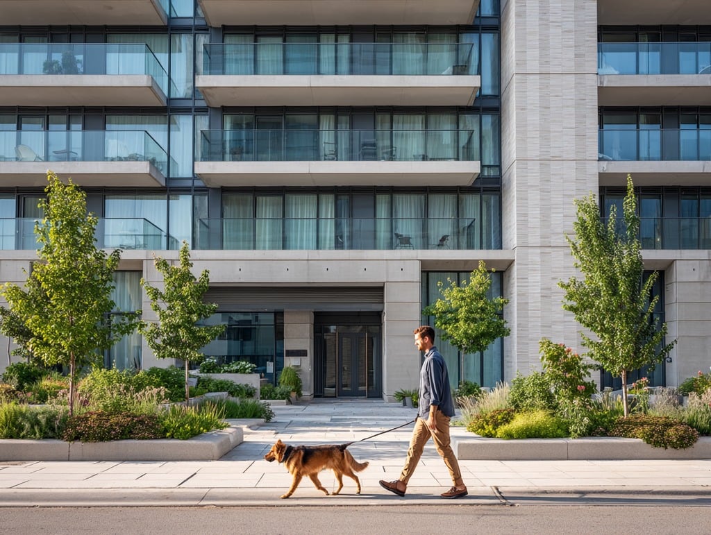Walking a Dog In Front of a Condo Building
