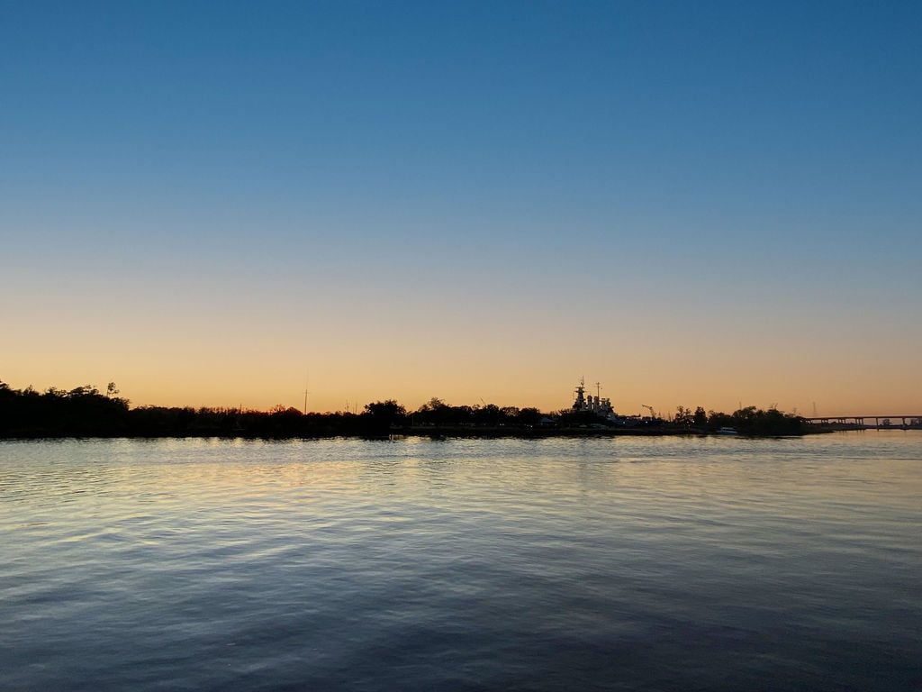 Sunset Behind the Battleship North Carolina on the Cape Fear River