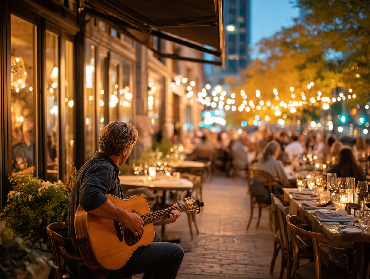 Patio Musician Under Lights
