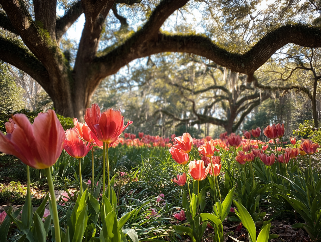 Tulips Growing Under a Live Oak