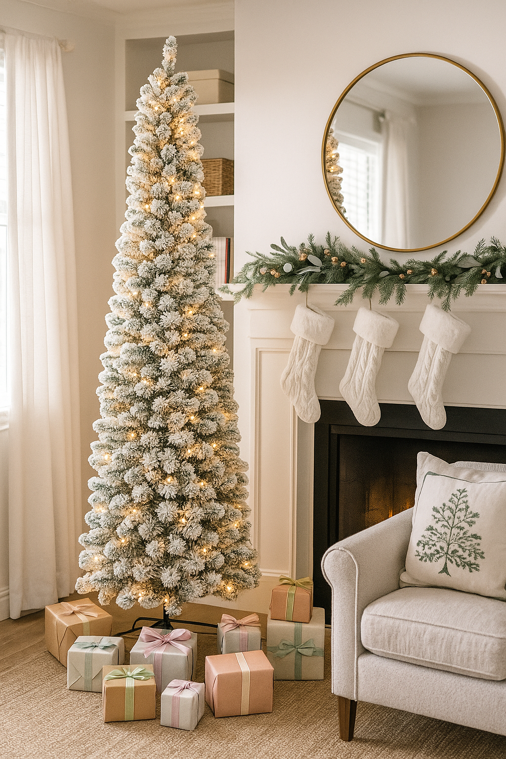 Prelit Snow Flocked Artificial Hinged Slim Pencil Christmas Tree With Warm White LED Lights - The Holiday Aisle