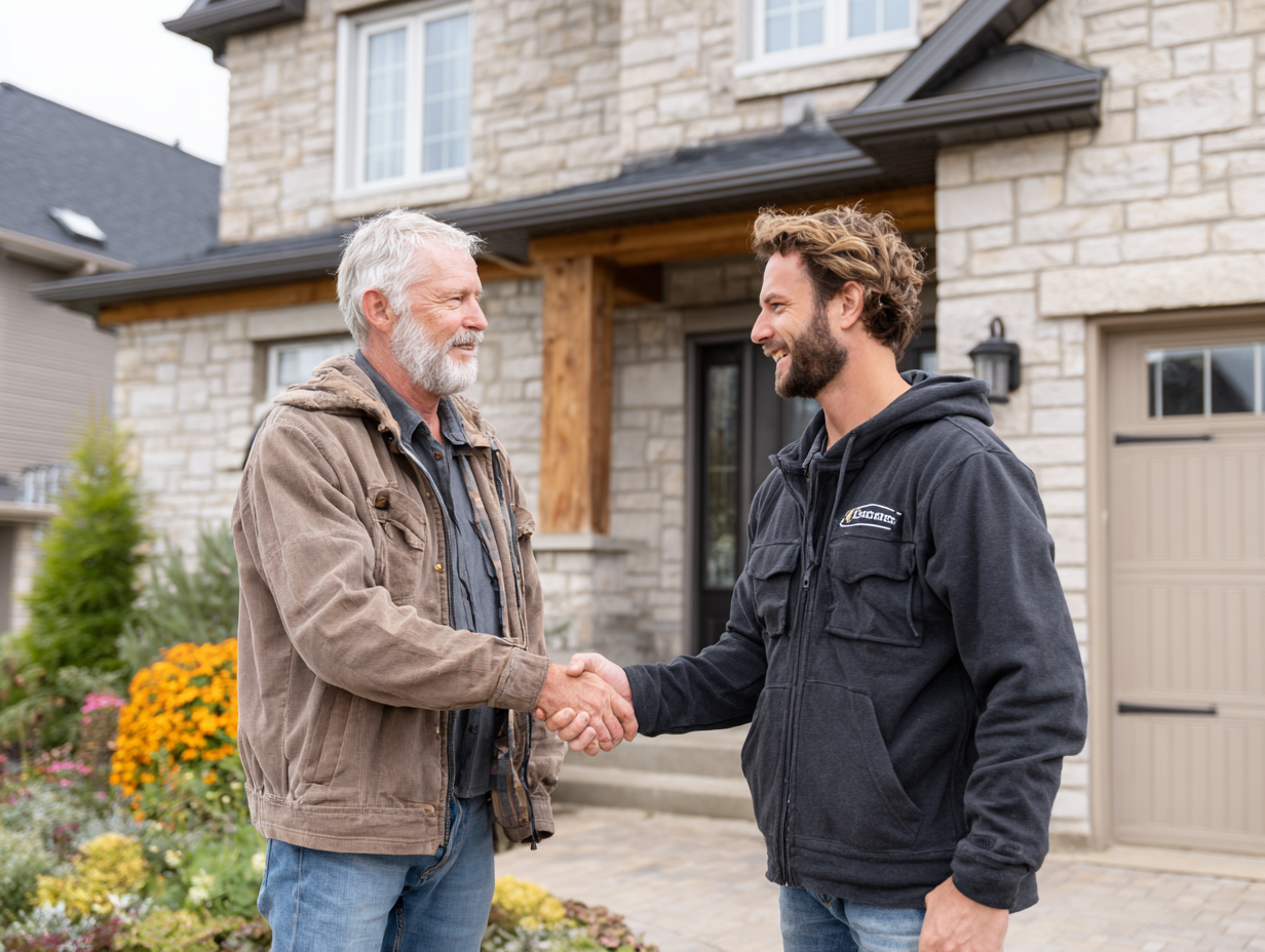 Two Men Shaking Hands in Front of a Home