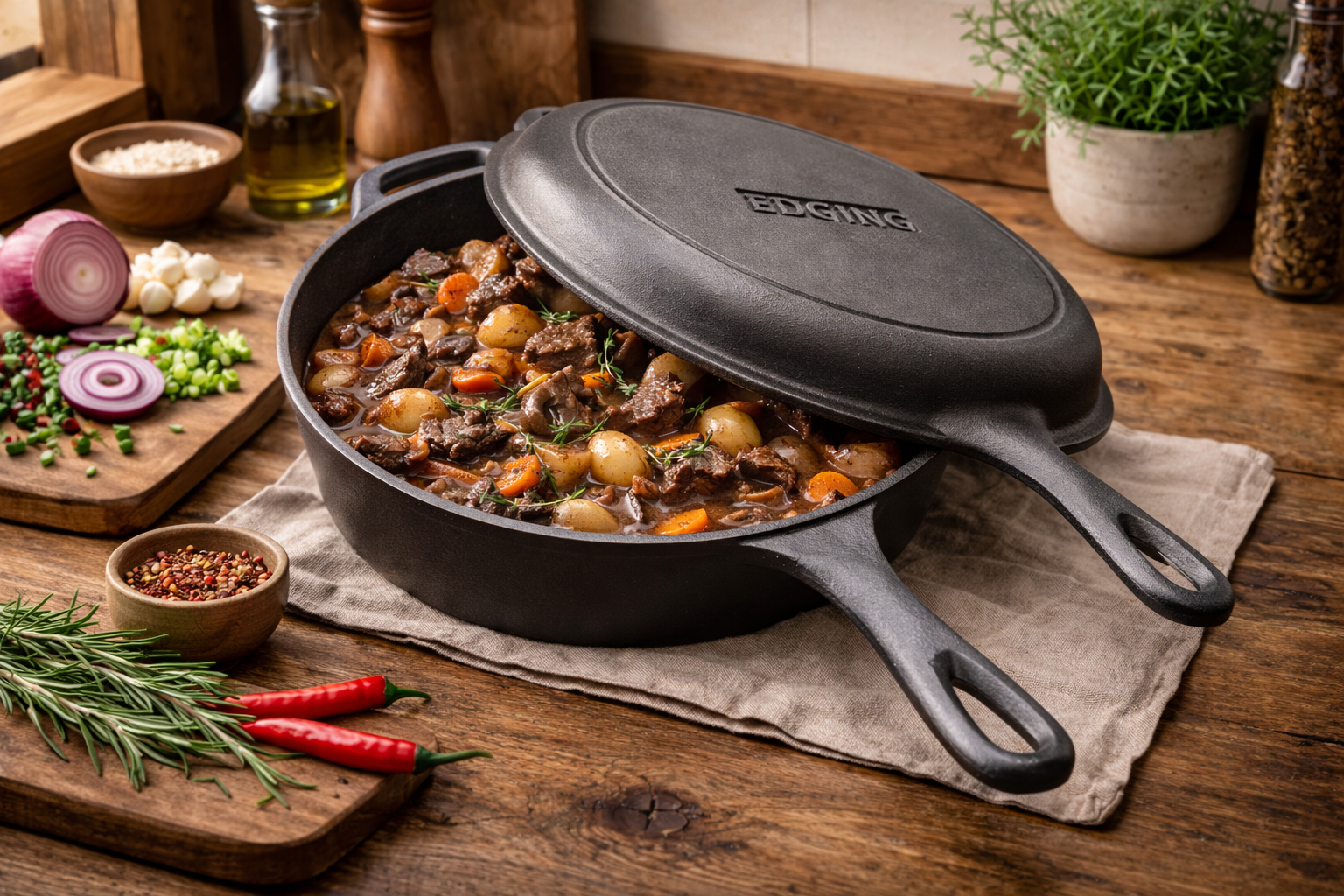 EDGING CASTING 2-in-1 Pre-Seasoned Cast Iron Dutch Oven Pot with Skillet Lid Set