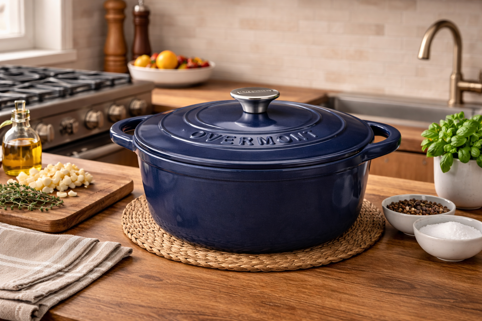 Overmont Enameled Cast Iron Dutch Oven in Blue