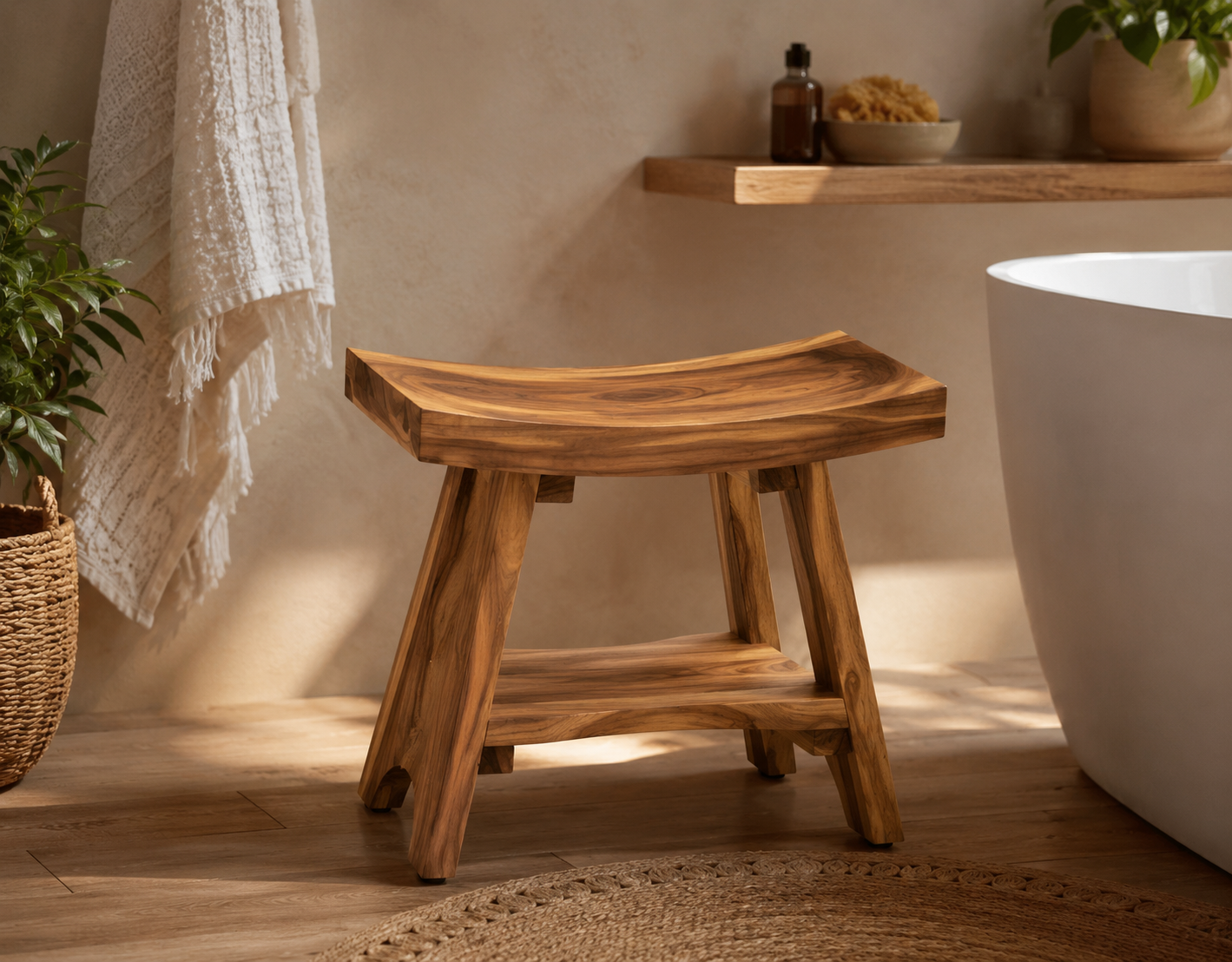 EcoDecors Teak Shower Bench - Coastal Earth Tone Bathroom