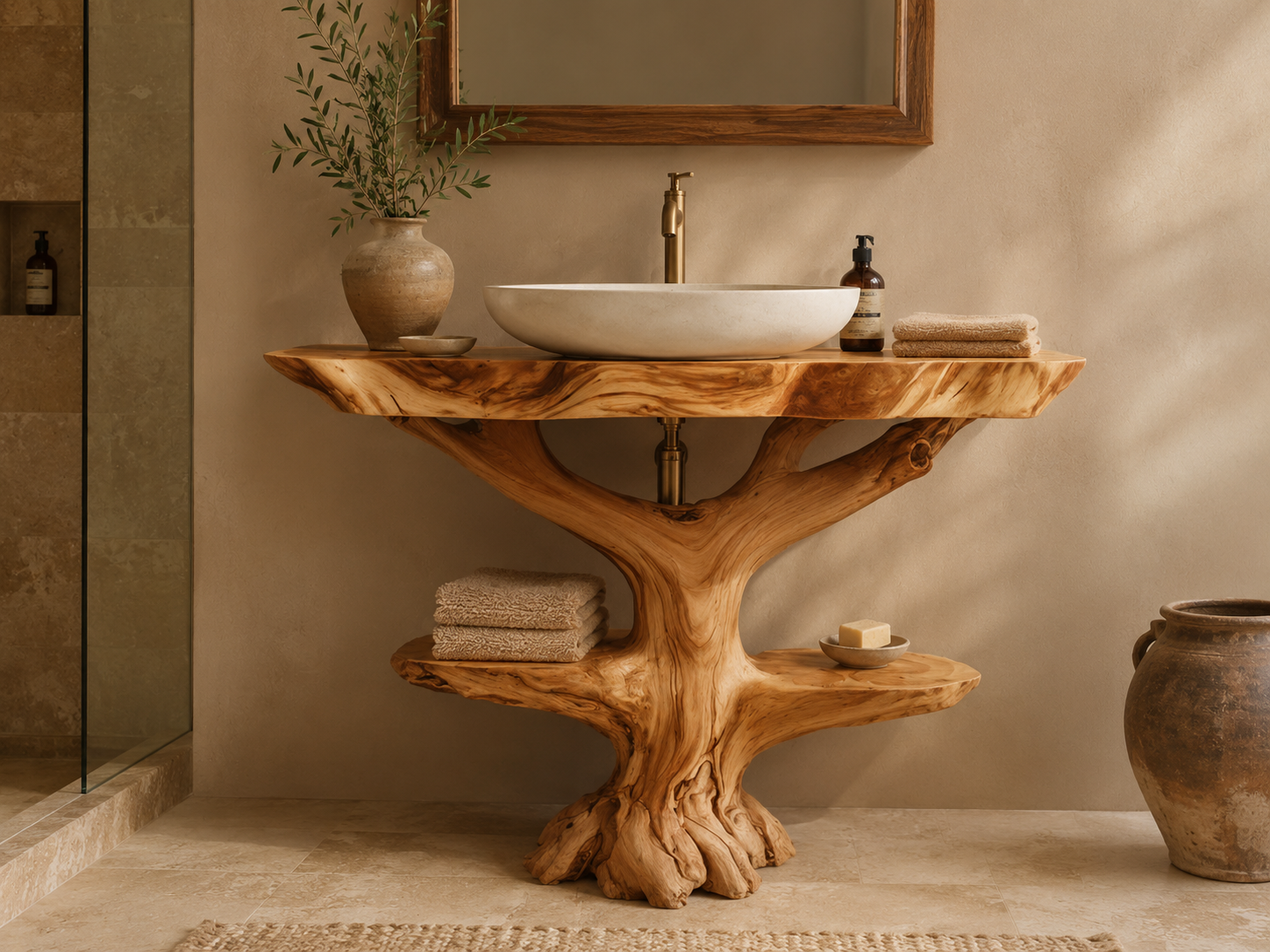 Handcrafted Driftwood Vanity - Coastal Earth Tone Bathroom