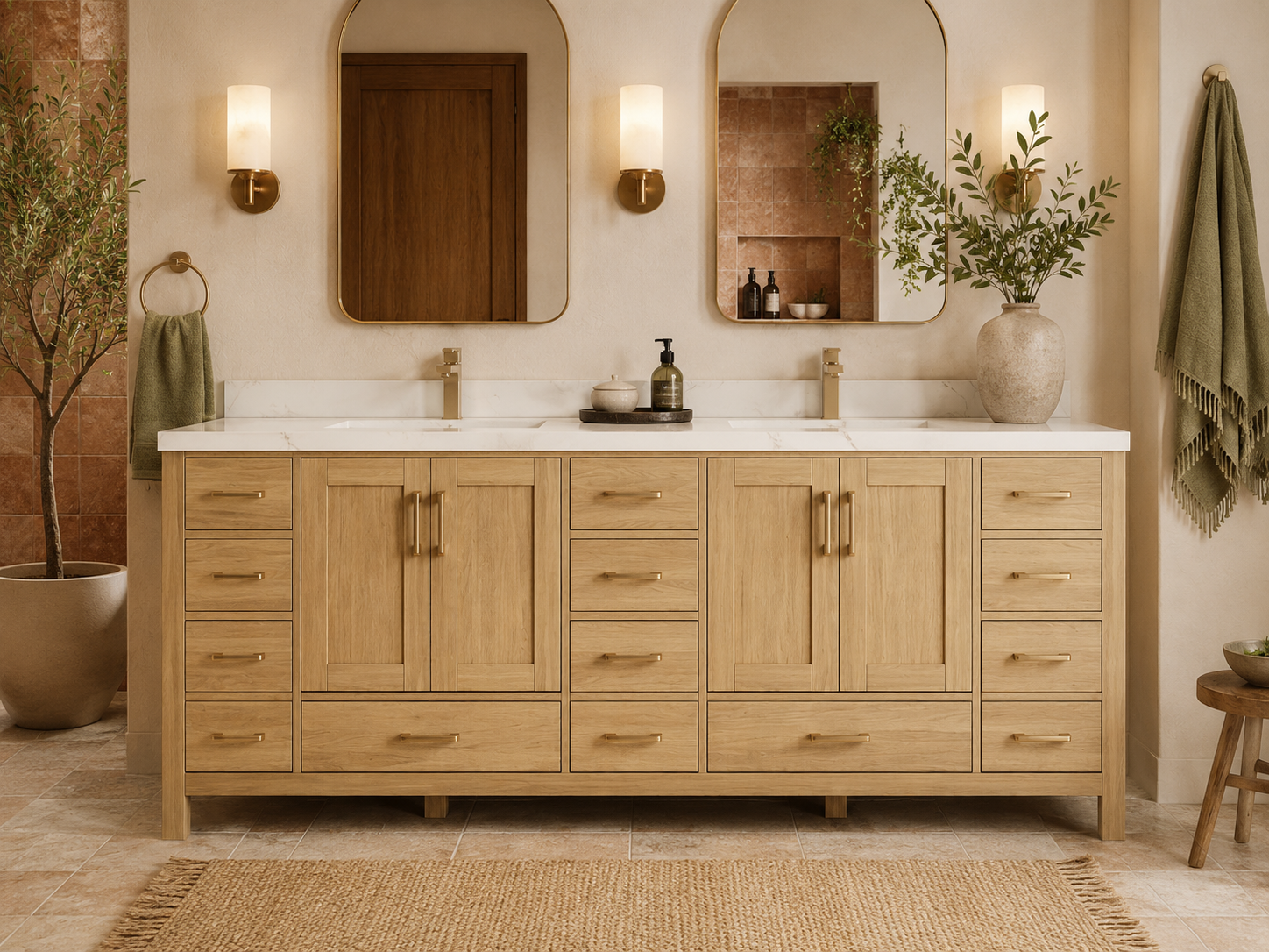 Malibu White Oak Double Sink Vanity - Earth Tone Bathroom