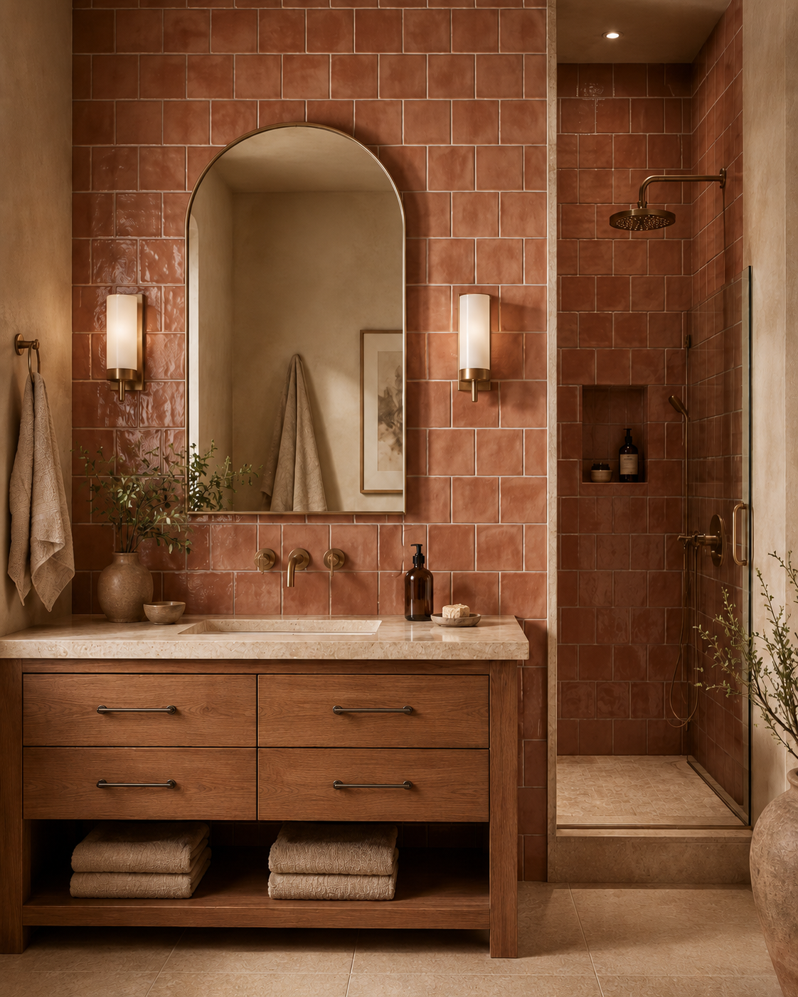 Montauk Terracotta 4x4 Mixed Finish Ceramic Tile - Earth Tone Bathroom