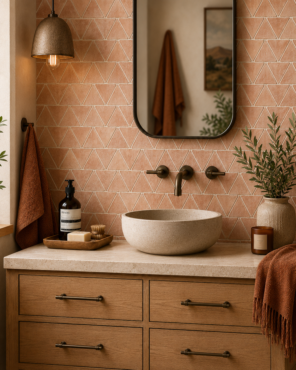 Terra Villa Sand Beige 6" Triangle Matte Presealed Genuine Terracotta Tile - Earth Tone Bathroom