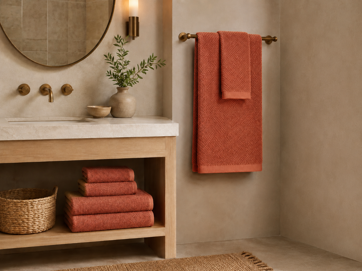 Under The Canopy’s Textured Organic Cotton Towel in Terracotta - Earth Tone Bathroom