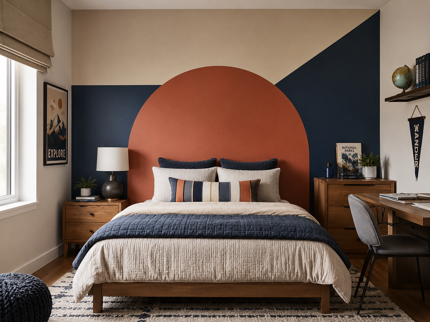 Painted Geometric Headboard in Boy's Bedroom