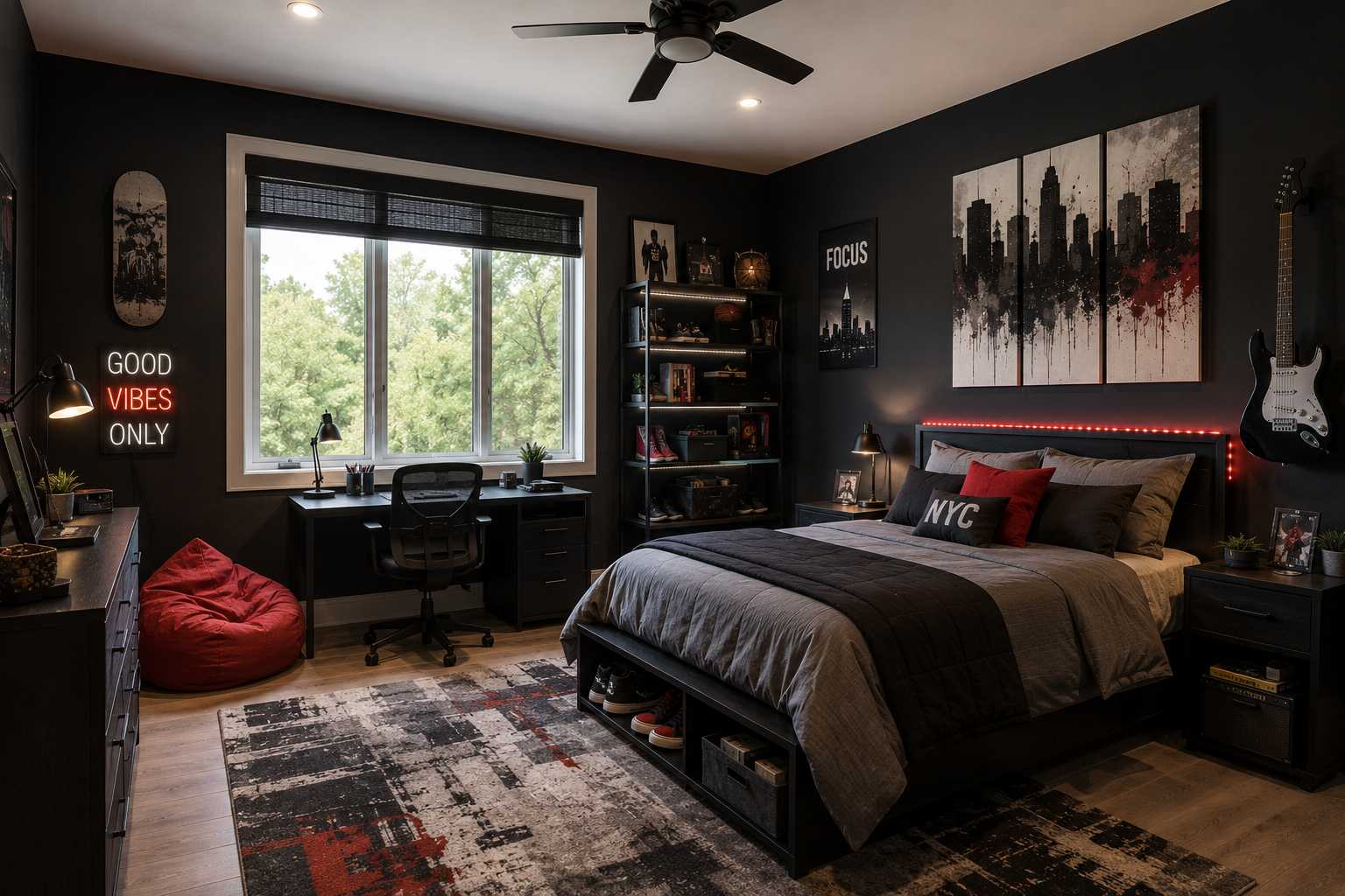Urban Teen Boy's Bedroom with Dark Walls