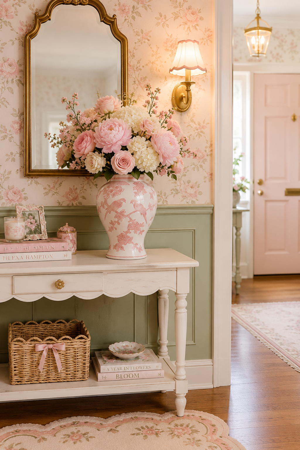 Pink Ginger Jar Filled with Flowers - Dollhouse Chic Home Decor