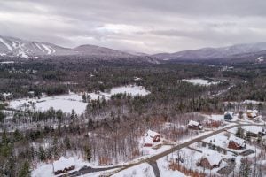 Aerial view of Peaks Village and Sunday River