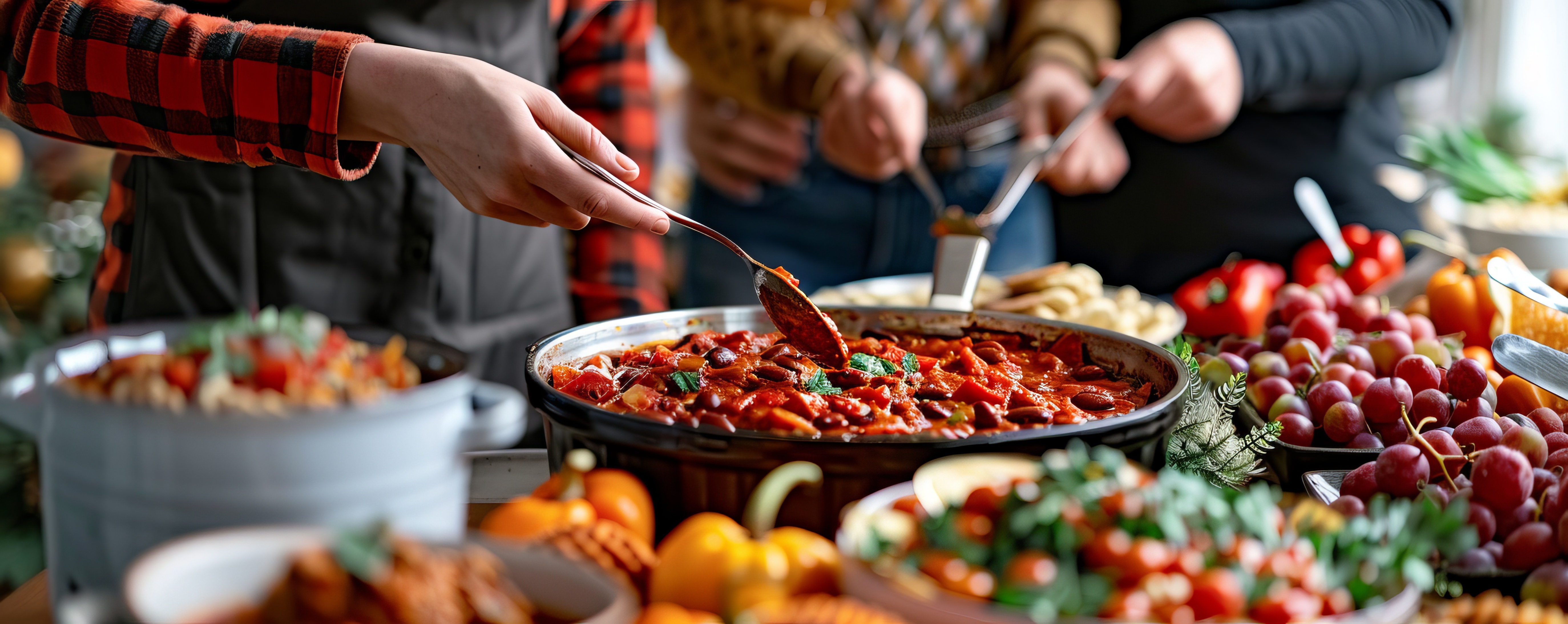 Friends having a chili cook-off for National Candy Day, November 4th, tasting different chili recipes and sweet treats, 4K hyperrealistic photo.