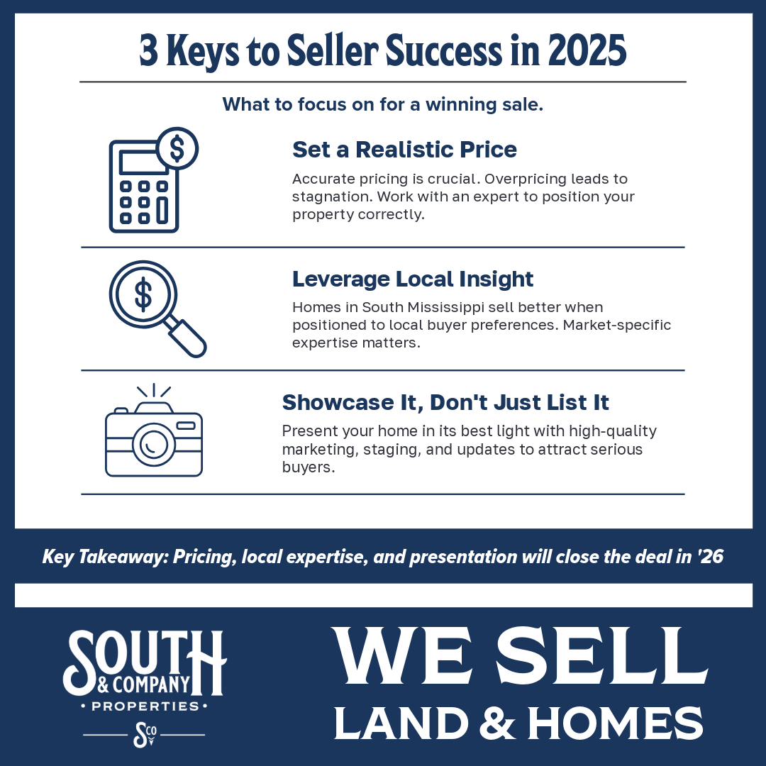 Infographic highlighting three keys to seller success in South Mississippi real estate, including realistic pricing, local market insight, and strong property presentation