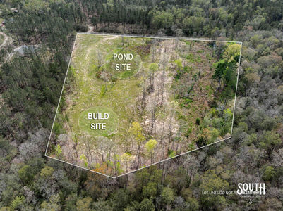 Aerial showing ideal homesite and pond location on 12 acres in Sumrall MS
