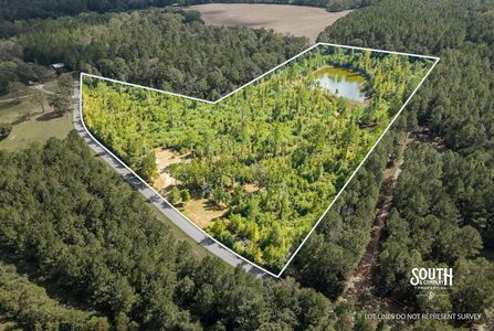 aerial of wooded acreage, road frontage and a pond with an approximate property outline.